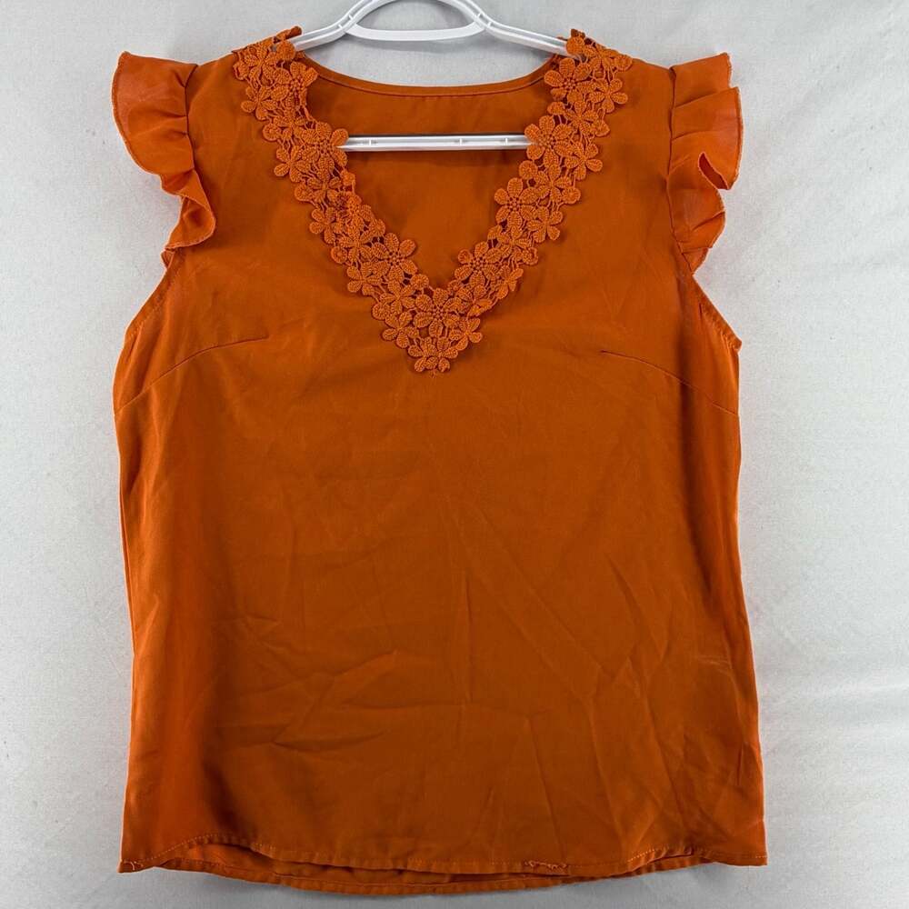1329 S SHEIN Orange Crocheted Floral Lace Trim Ruffle V-Neck Sleeveless Blouse